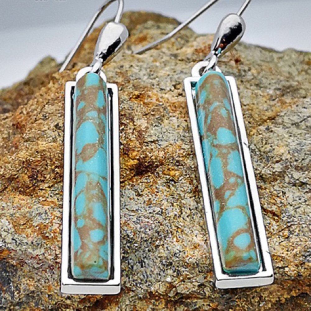 🤠Western Boho Faux Green Blue Long style Silver Earrings Gift Turquoise Boho - Picture 4 of 4